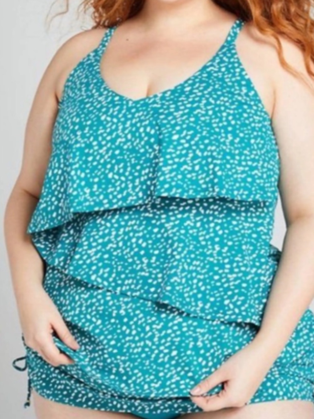 Cacique Swim Flounce Tiered Tankini Top size 26 nwt teal white print